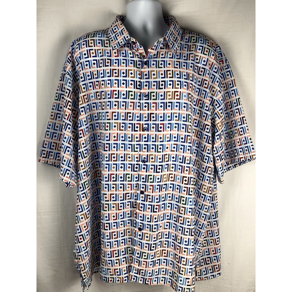 Bassiri Men's 5XL Short Sleeve Button Up Relaxed Vibrant Geometric Print Shirt